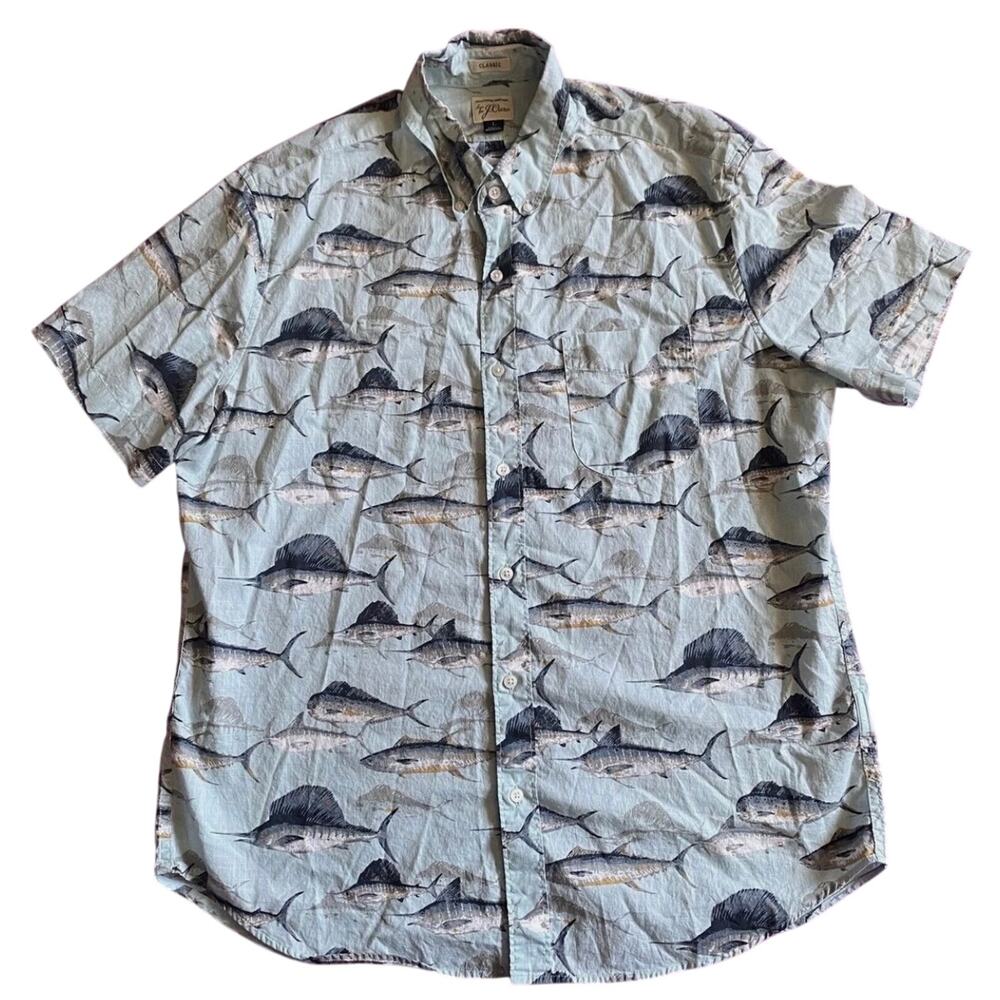 J Crew Mens L Fish Print Button Down Shirt Blue Sailfish Marlin‎ Cotton All Over